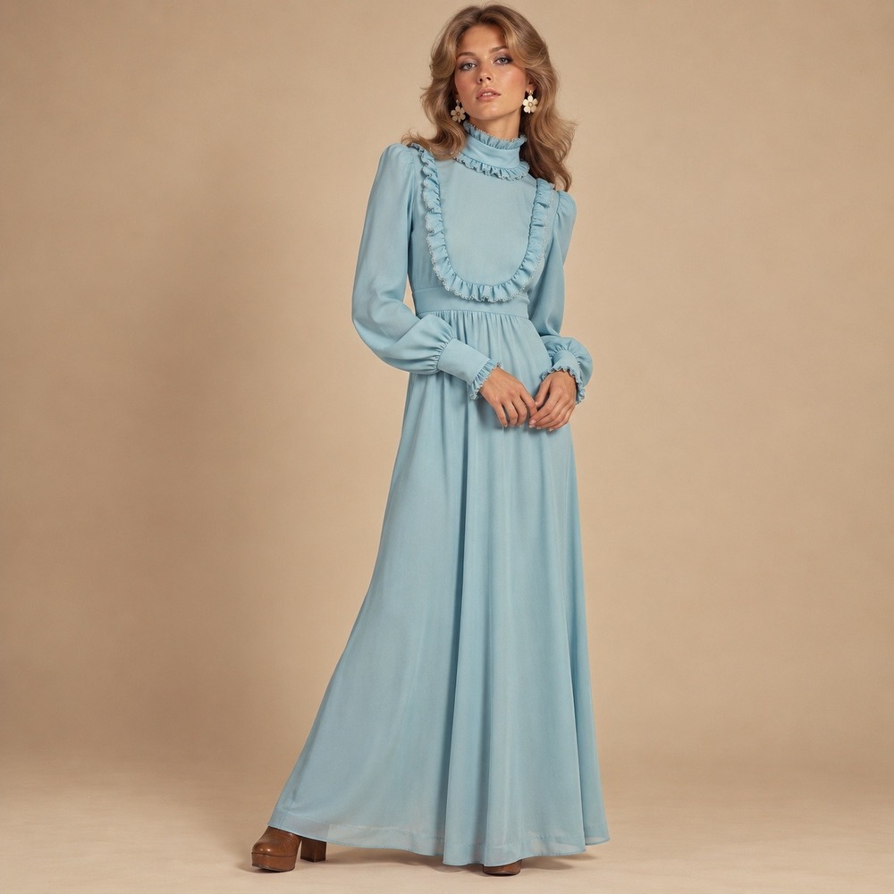 Vintage Maxi Dress Women S Blue 70s Ruffle Lace Trim Empire Waist Victorian Boho